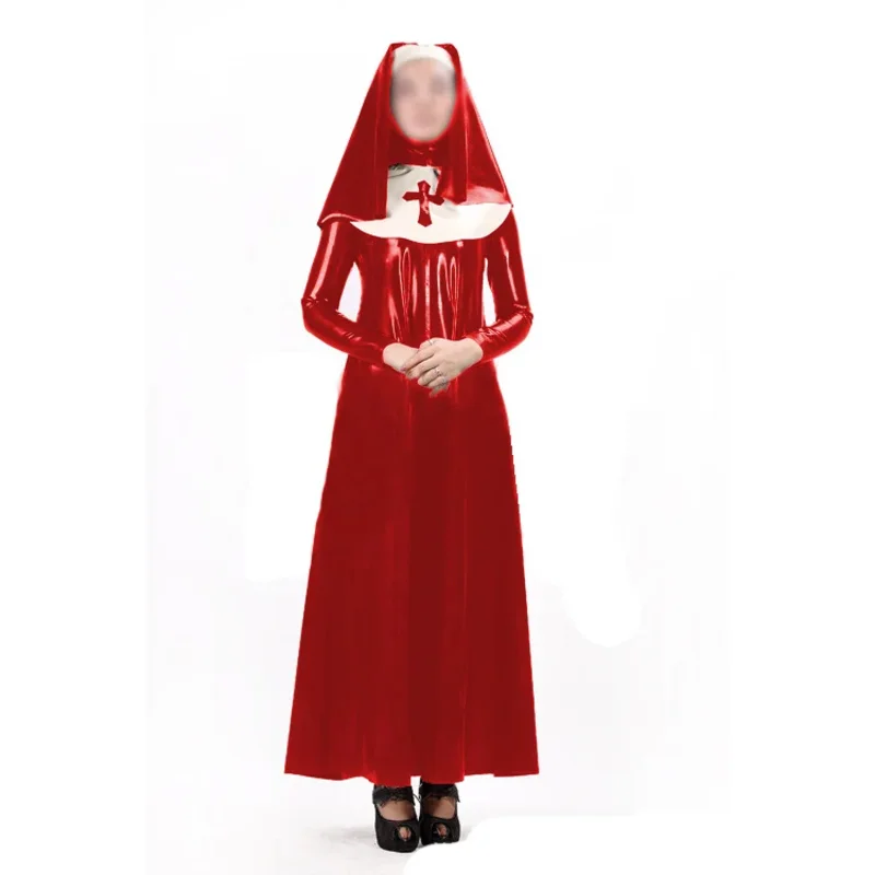 Sexy women nun dress uniform 3 pieces sets wet look PVC faux latex long sleeve maxi dress bib headgear cosplay costume s-7xl