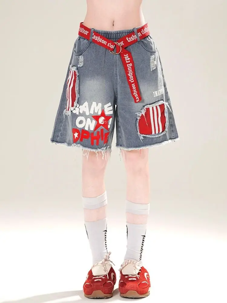アメリカのバディスタイルユーズド加工デニムショーツ女性の Y2K 美学ハイウエスト A ラインルーズフィットパンツストリート原宿レトロ