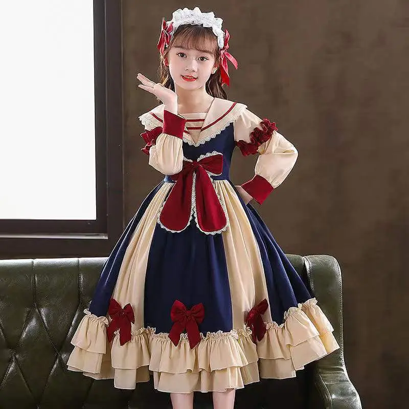 European 2026 Spring Autumn Girls Clothes Retro Teens Lace Lolita Bowtie Uniform Child Princess Puffy Dress 5 6 7 8 9 10 12 Year