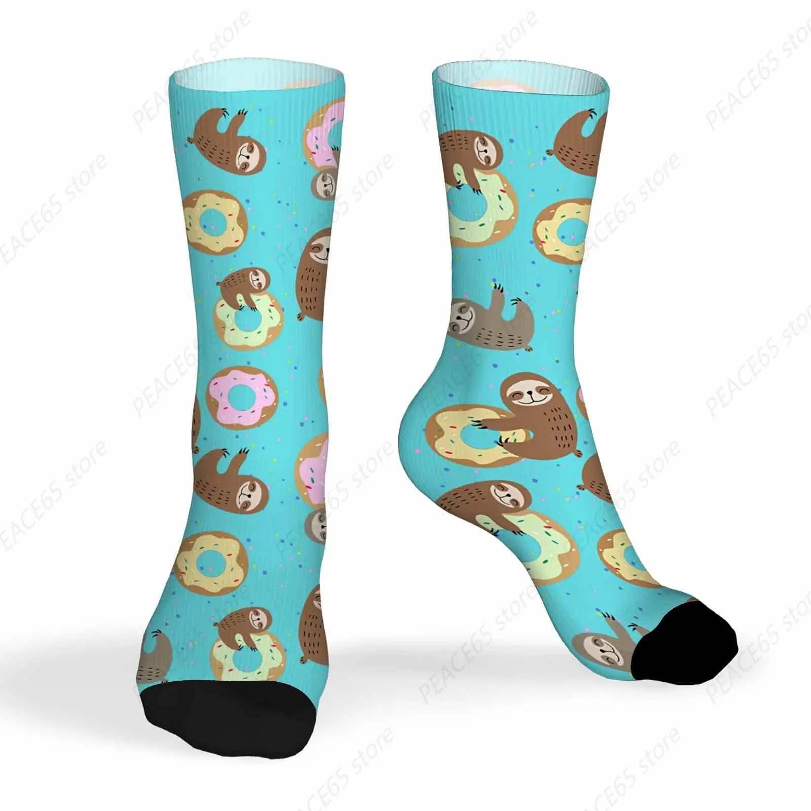 

Unisex Socks Cute Sloth Funny Socks Sloth Holding Sweet Doughnuts Gifts for Women Mens Novelty Crew Socks