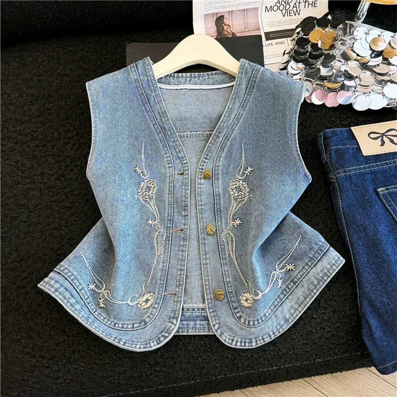 

Summer New Women Vintage Embroidery Blue Slim Thin Short Denim Vest V-Neck Single-Breasted Sleeveless Female Cowboy Waistcoat