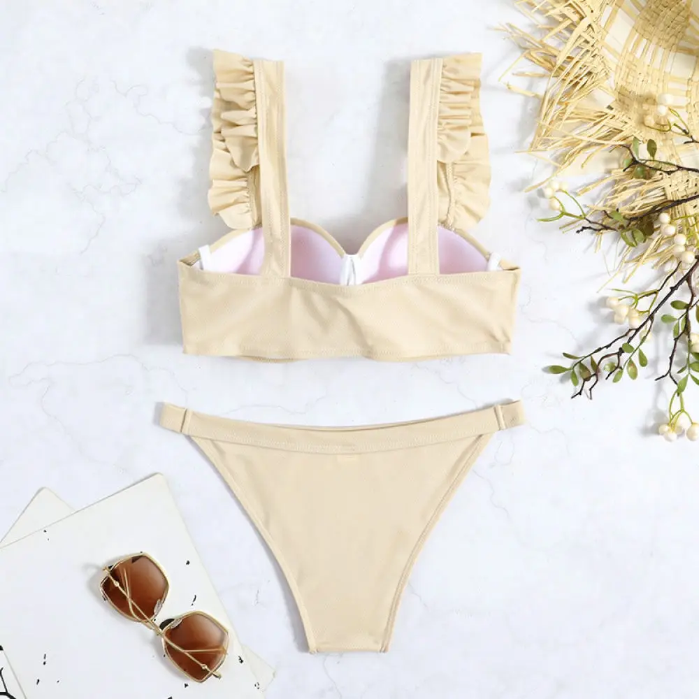 Sexy Padded Bikini Set 2025 Women Split Swimwear Solid Color Ruffle Strap Beach Summer Pool Vacation Stylish Bathing Suit