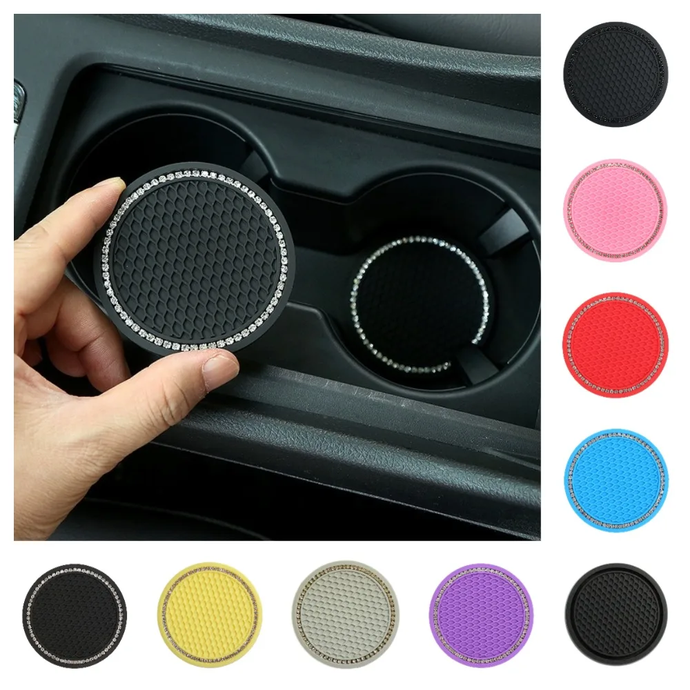 New Anti-Slip Bling Car Coasters PVC Sift-Proof Beverage Coaster Diamante Crystal 7cm 2.76inch Drink Holder