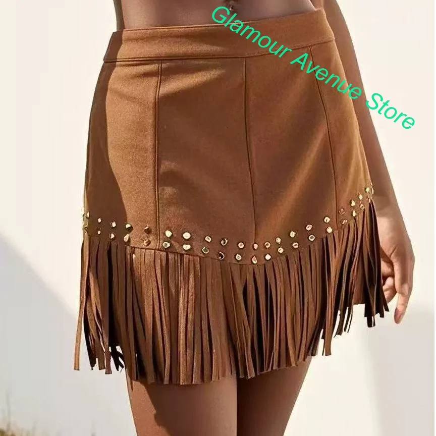 American retro high waist design sense tassel spice girl fashion skirt female summer and autumn popular slim Joker casual skirt.