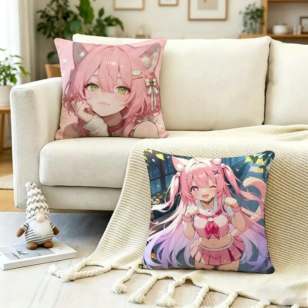 ANIME P-Pink-haired cat ear girl Cushion Cover Anti-dustmite Pillowcase Invisible zipper silky short plush Sofa cushion cover