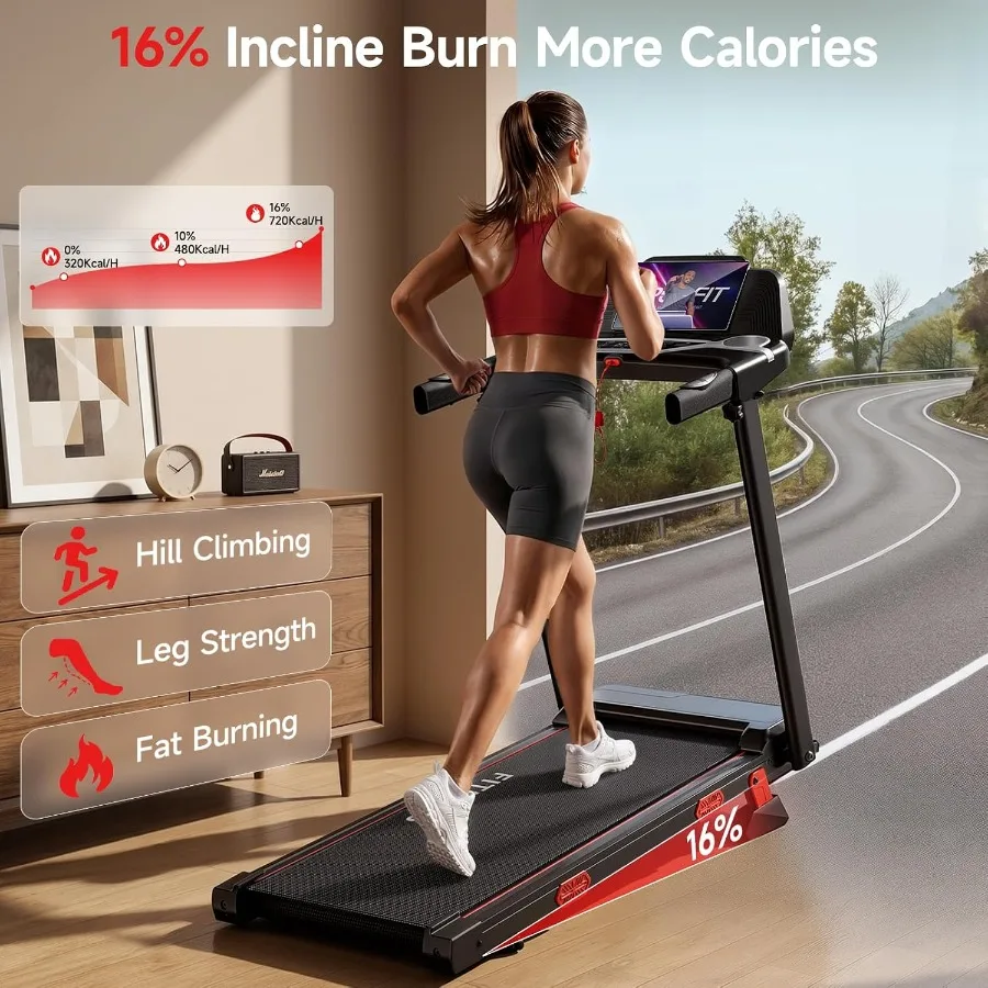 Home treadmill with handles, steel frame, black, 16 incline and 7.5MPH speed for compact indoor fitness