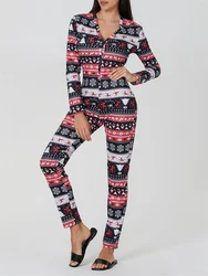 CHRONSTYLE Women Chrismtas Pajamas Jumpsuits Cartoon Deer Print Long Sleeve Button V-neck Rompers Playsuits Xmas Sleep Homewear