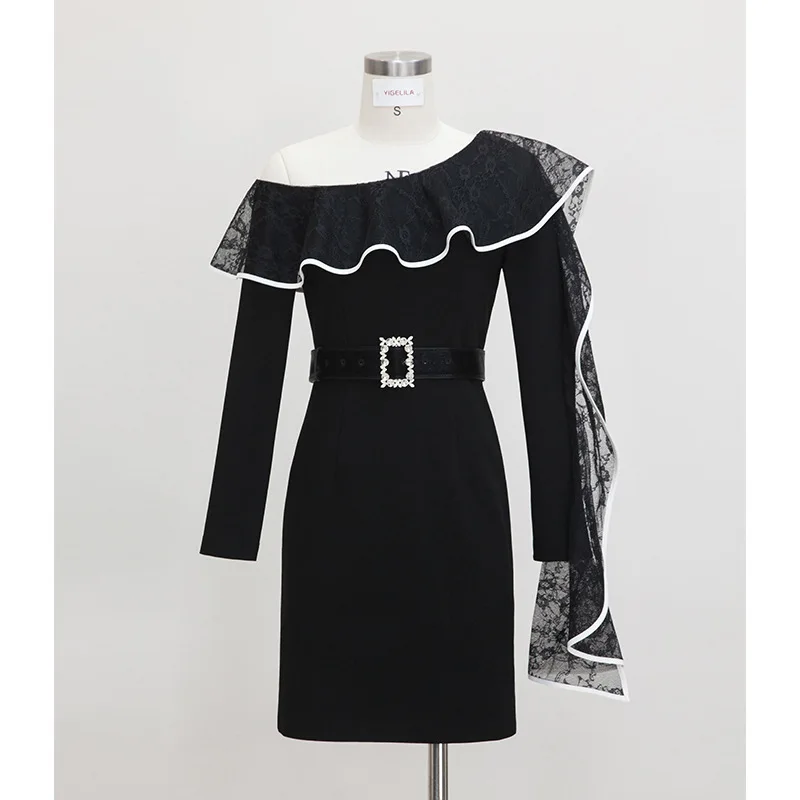 

2023 Fashion Women Dress Black Summer Autumn New Sexy Oblique Shoulder Irregular Ruffle Edge Long Sleeve Female Stage Costumes