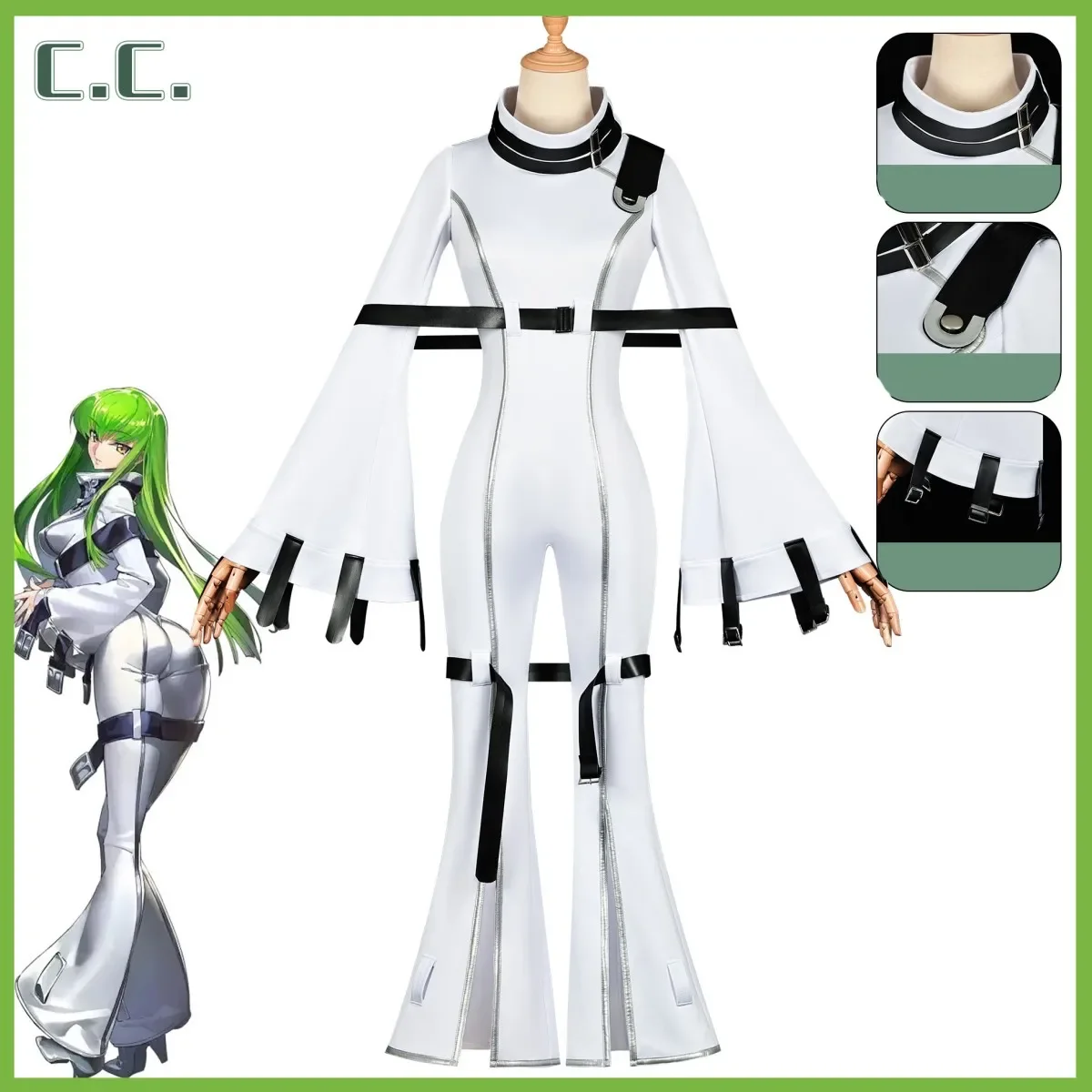 XQAnime Code Geass Lelouch Of The Rebellion C.C. Cosplay Costume Sexy White Tight Leather Jumpsuit Uniform Wig Woman Party Suit