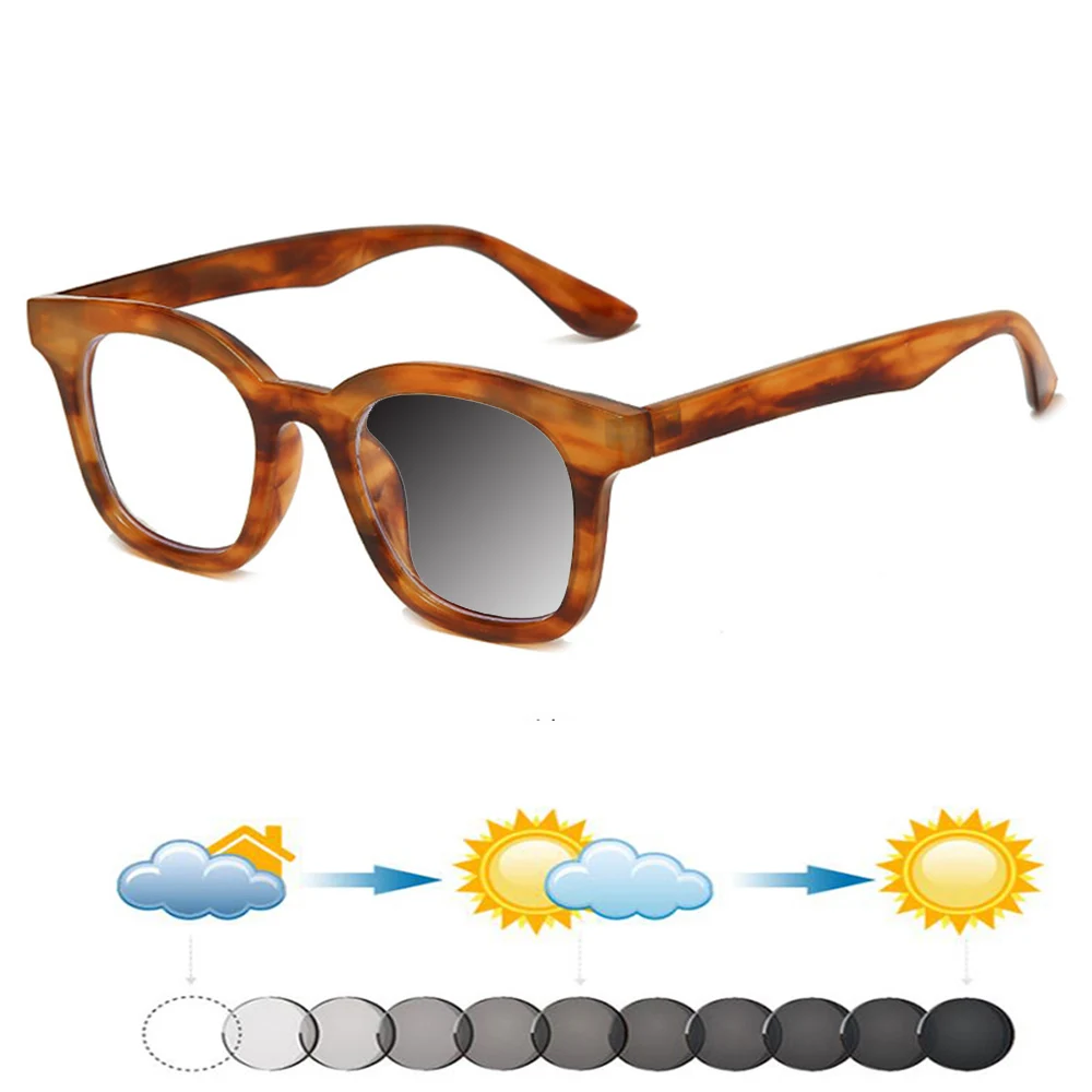 Square Frame Simple Style Handcrafted Brown Color Fashion Photochromic Gray Reading Glasses +0.75 To +4