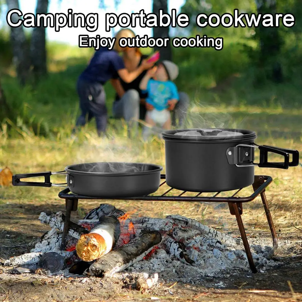 Foldable Handle Pot Stove Camping Cookware Set for 2 Persons with Folding Pot Pan Kettle Utensils Outdoor Non-stick Metal Cook
