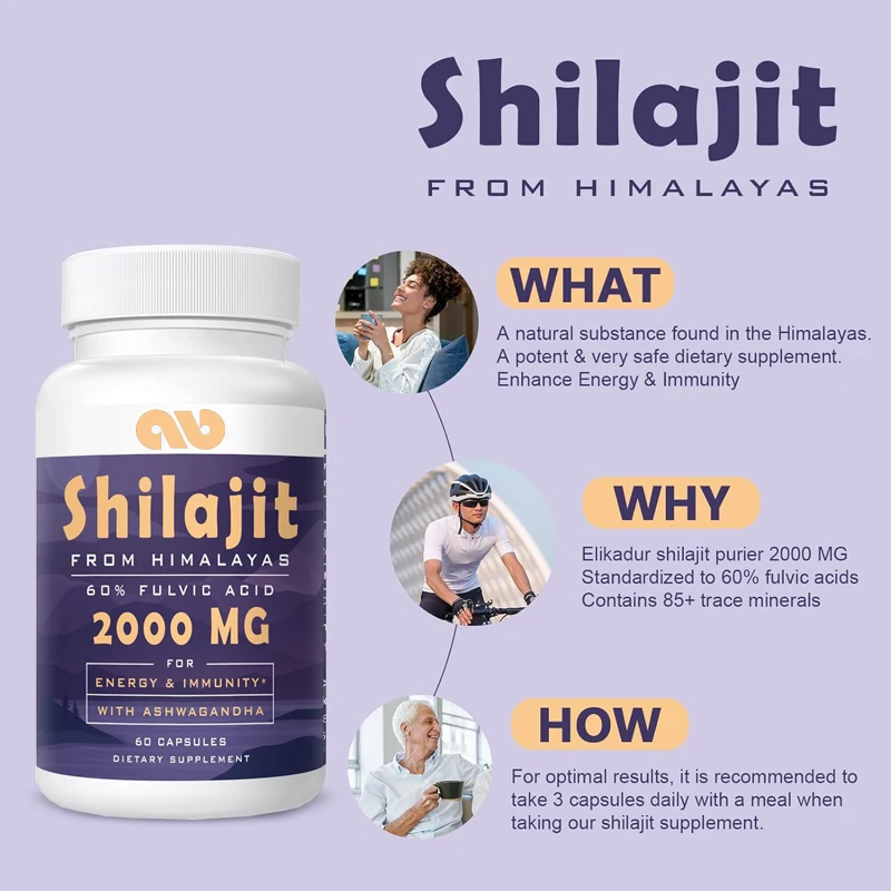 

60000 milligrams Shilajit supplement, containing over 85 trace minerals and 60% fulvic acid, enhances energy and immunity