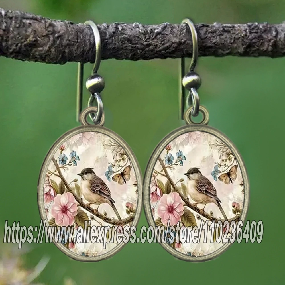 I Pair Vintage Bird Earrings Flower Patterns Artistic Elegant Earring