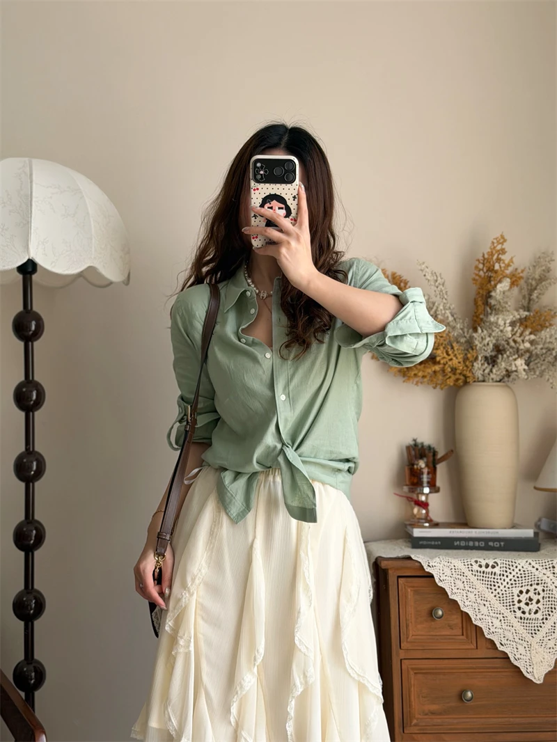 

Textured Linen Long Sleeve Shirt Women Loose Slim Fit Collar Sun Protection Top Color Spring Summer Fashion Casual Wear