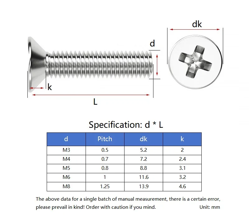 M3 M4 M5 M6 M8 304 Stainless Steel 500H Salt Spray Passivation Cross Phillips Flat Countersunk Head Screw Bolt YB819