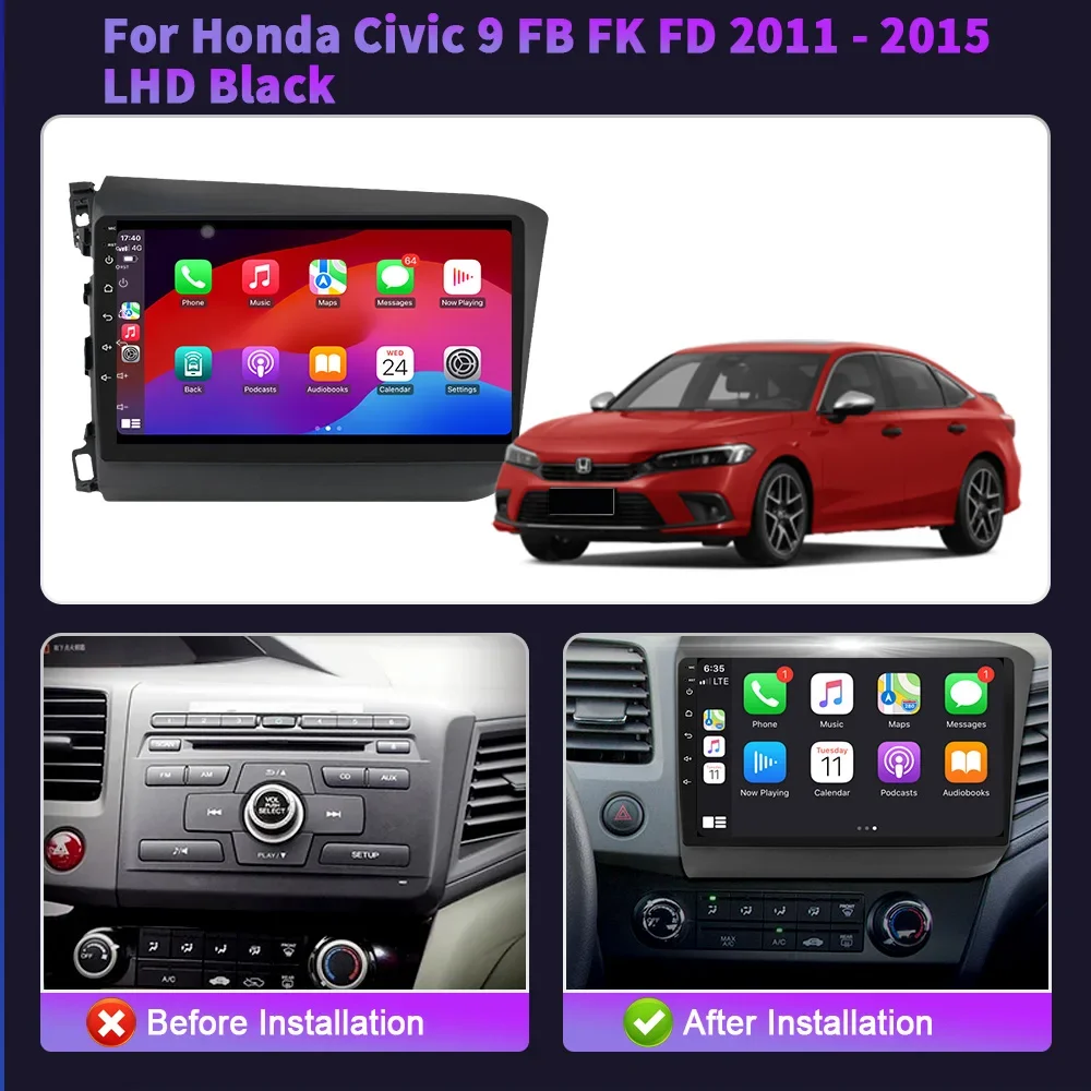 Car Radio Android 14 For Honda Civic 9 FB FK FD 2011-2015 Black Left Hand Drive Multimedia Wireless CarPlay Touch Screen Stereo