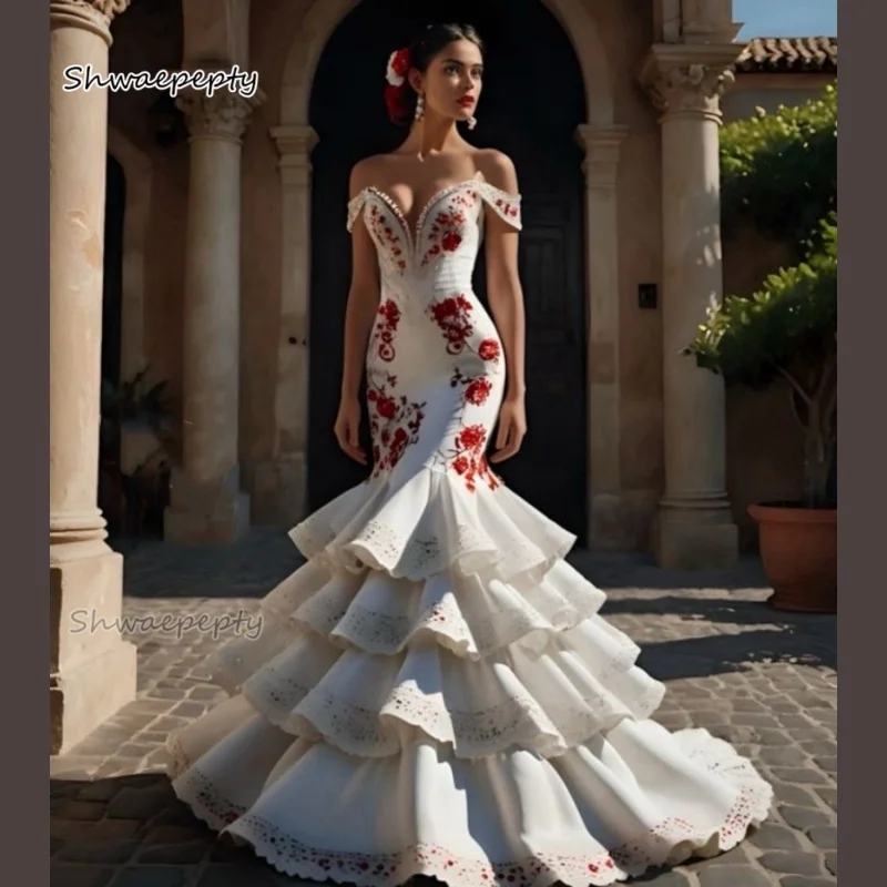 

Flamenco Elegant Mermaid Wedding Dress Ruffles Tiered White And Red Bridal Reception Prom Gown Lace Appliques Customized