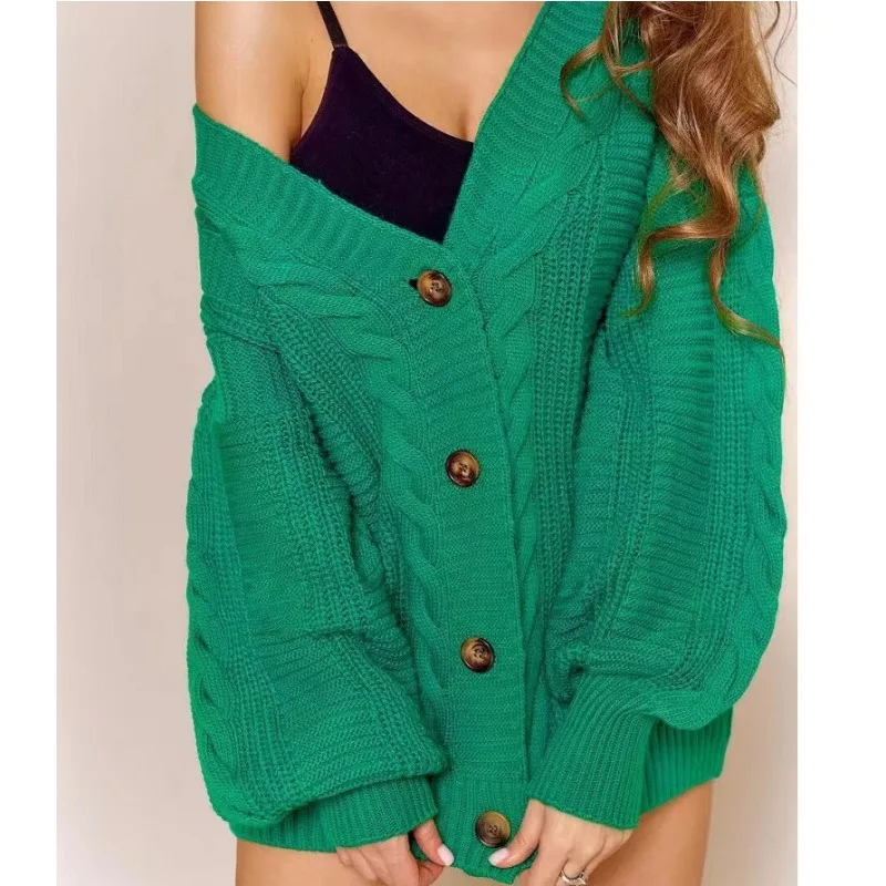 

Women Cardigans Sweater Twisted Autumn Winter Knitted Ribbed Casual Single Breasted Womens Knitwear Jacket Female Streetwear