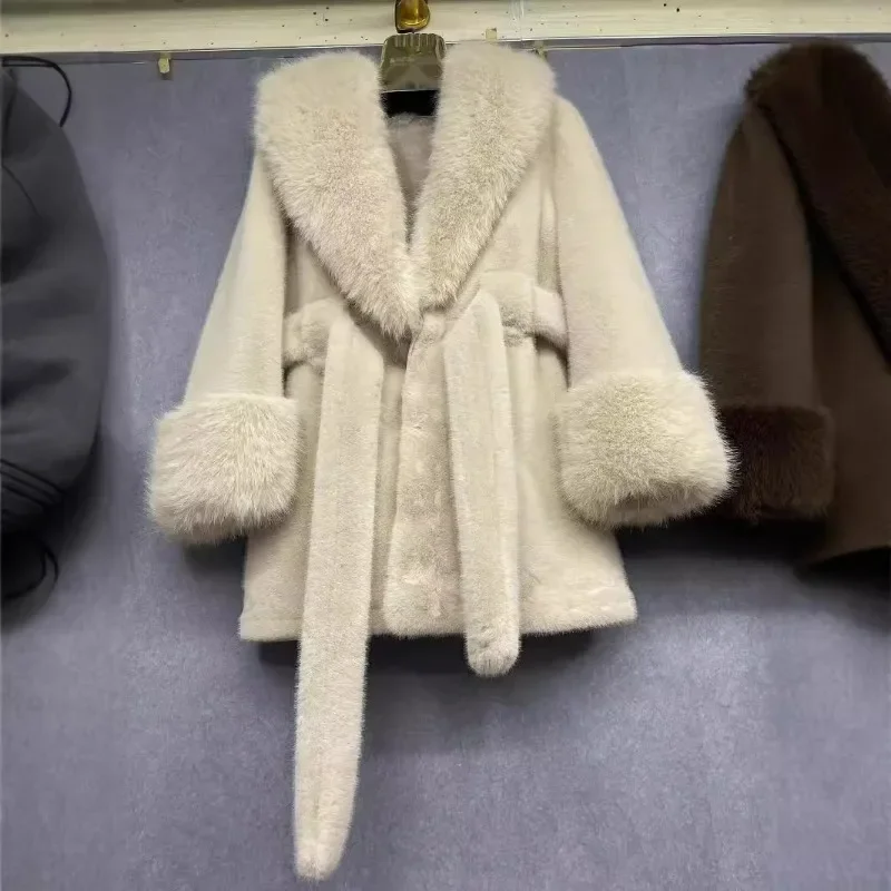 New Big Fur Collar Long Slim Jacket Environmentally Friendly European Mink Imitation Fox Fur Plush Coat High-grade Fur Integrat