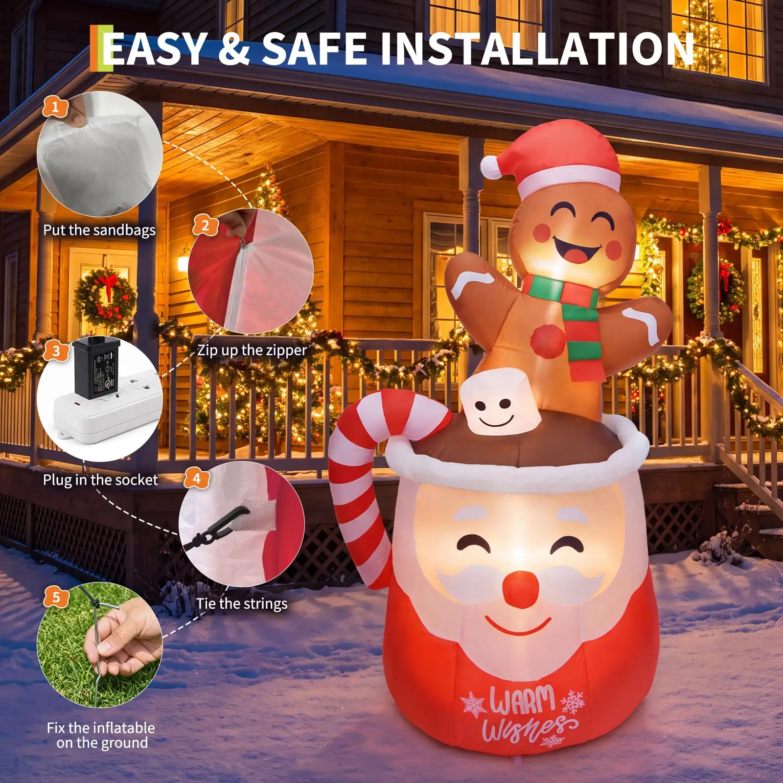 6 Ft Christmas Gingerbread Inflatable With LEDs, Blow Up Hot Cocoa Mug, Yard Decoration, Warm Wishes Sign For Lawn Garden Patio Decor 6