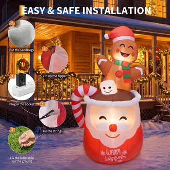 6 Ft Christmas Gingerbread Inflatable With LEDs, Blow Up Hot Cocoa Mug, Yard Decoration, Warm Wishes Sign For Lawn Garden Patio Decor 6