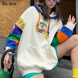 Casual Cartoon Patchwork Hoodies Oversized Sweatshirts Women Y2k Clothes 2024 Autumn Loose Pocket Tops Sportwear Outwear Bust132