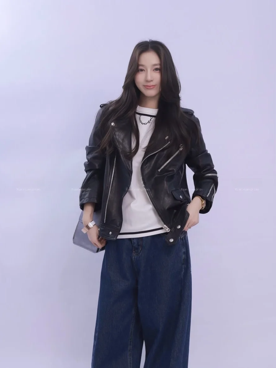 

European Sle Genuine eepskin Jaet Women's Small Size Spring New Zipper ort Loose Long Sve Faionable Coat