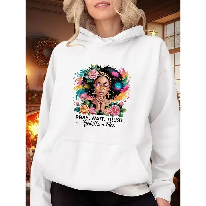 

Pray Wait Trust God Has a Plan Hoodie for Women, Black Girl Magic Christian Jumper, Inspirational Graphic Pullover Sweatshirt