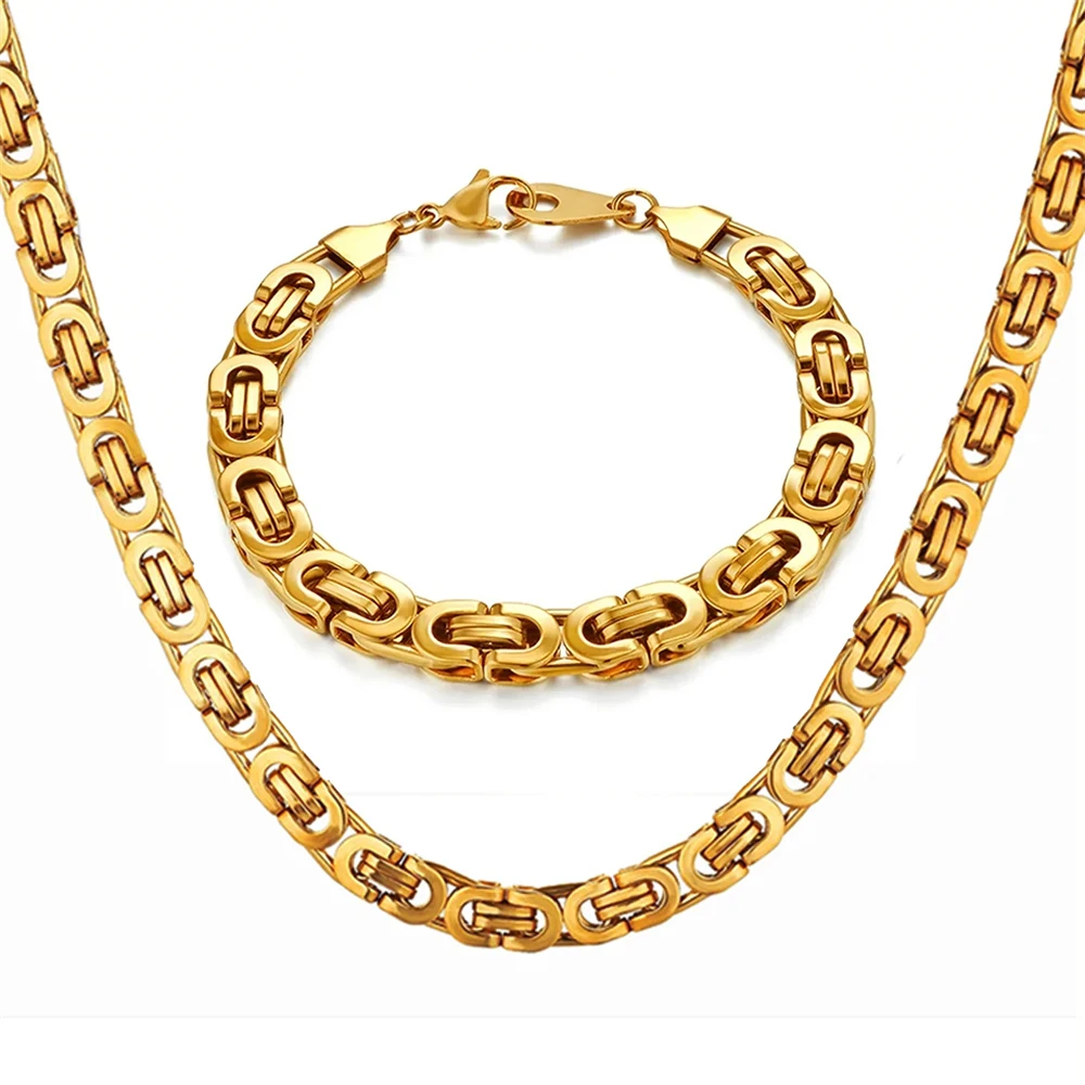 Gold Color Stainless Steel 8mm Byzantine Link Chain Bracelets Necklace For Women Men Fashion Party Wedding Jewelry Sets Gifts