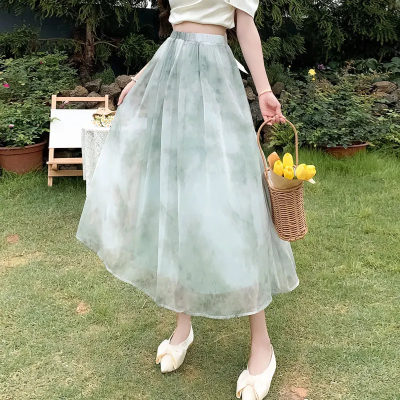 Korean Fashion Tie Dye Chiffon Voile Skirt Women Casual Elastic High Waist Spring Summer Party Midi Long Skirts Ladies