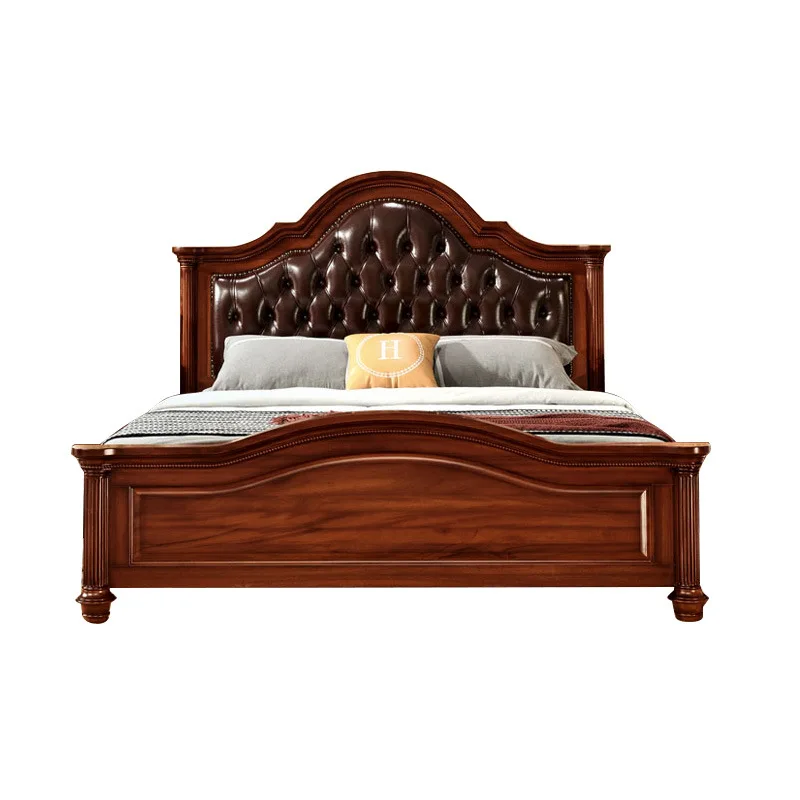 

American all solid wood leather bed 1.8 meters Roman column bedroom backrest soft bag bed retro double bed