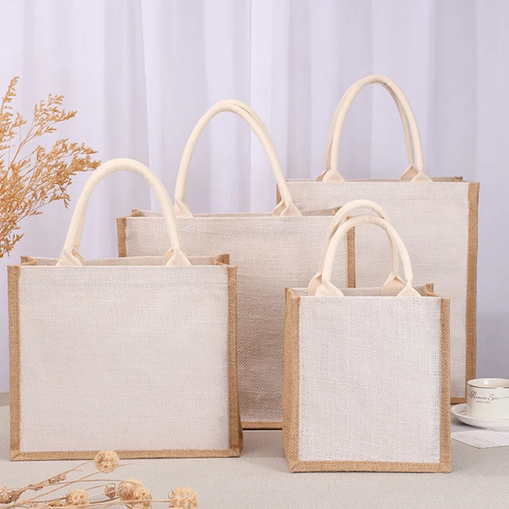 Reuseable Burlap Jute Tote Bag Eco-Friendly Grocery Bags with Handle Canvas Large Capacity Shopping Bag for Women Travel Handbag