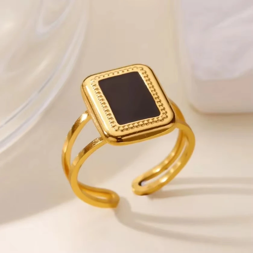 Schwarze Öltropfen-Quadratringe für Damen, goldfarbener Edelstahl-Quadrat-Öffnungsring, langlebiger, hypoallergener Schmuck, Geschenk