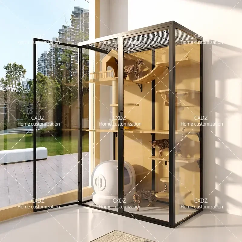Large Indoor Cat Villa with Panoramic Glass Spacious Multi Level Cage Cabinet for Home Balcony Pet House