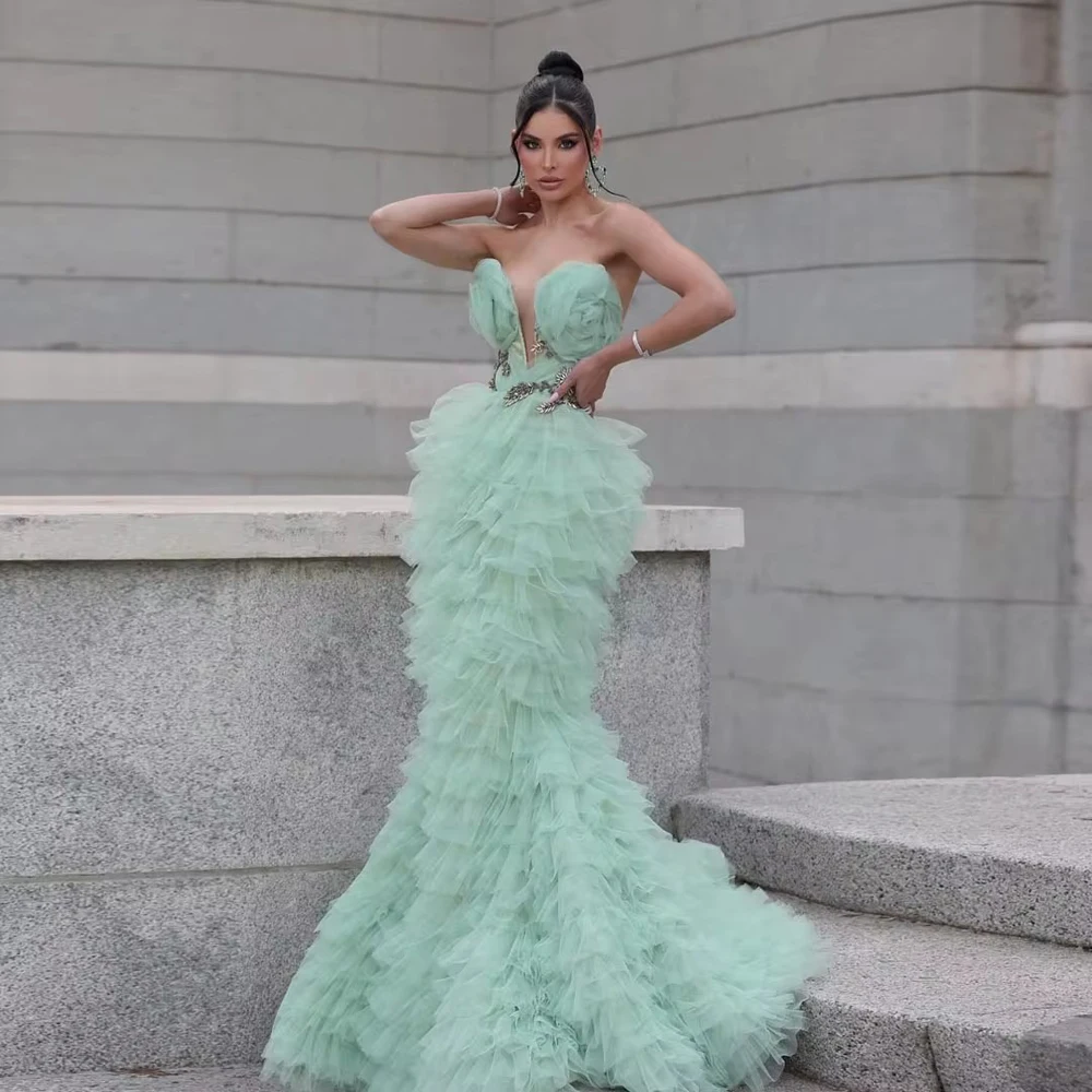 Romantic Mint Green Ruffles Mermaid Prom Dresses 2025 New Celebrity Dress Tiered Tulle Women Wedding Party Gown Birthday Dress