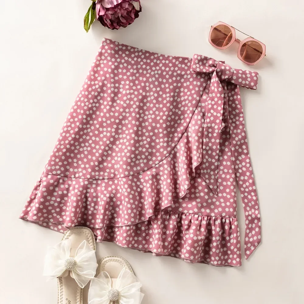 Women's Polka Dots Floral Bow Short Loose Lrregular Ruffled Half Skirt