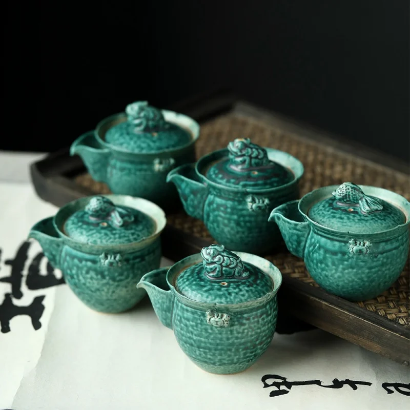Jingdezhen Kiln Baked Soda Glaze Matte Green Glaze Gracked Glaze Goldfish Golden Toad Tureen Easy-to-Use Teapot Pot Cup with Cov