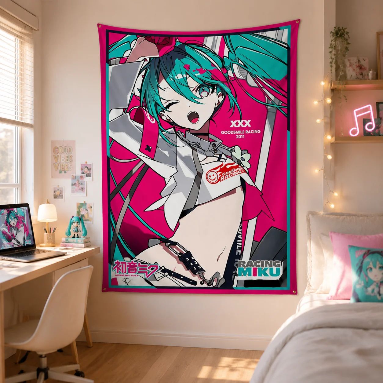 初音ミクレーシングミク壁掛けタペストリーボーカロイドアニメツインテールガールポリエステル壁掛け背景オタク向けかわいい