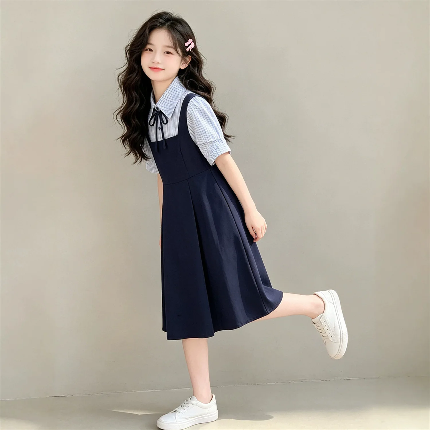 Summer Kids Party Princess Dresses Girls Clothes Teens Striped Navy Girls Daily Wear Splicing Bow 4 8 10 12 Years Student