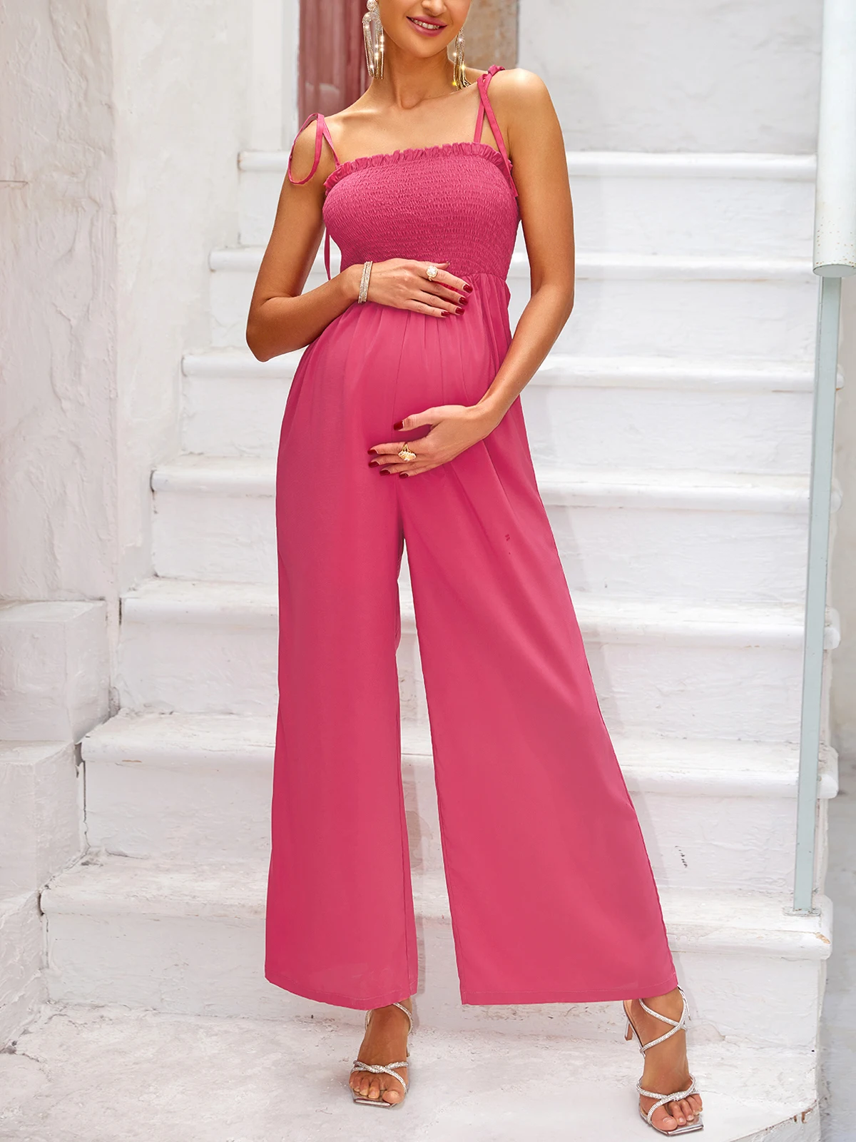 ItsRoya Solid Pleated Patchwork Maternity Jumpsuits Women Ruffle Casual Wide Leg Pants Slim Spaghetti Strap Pregnant Clothing