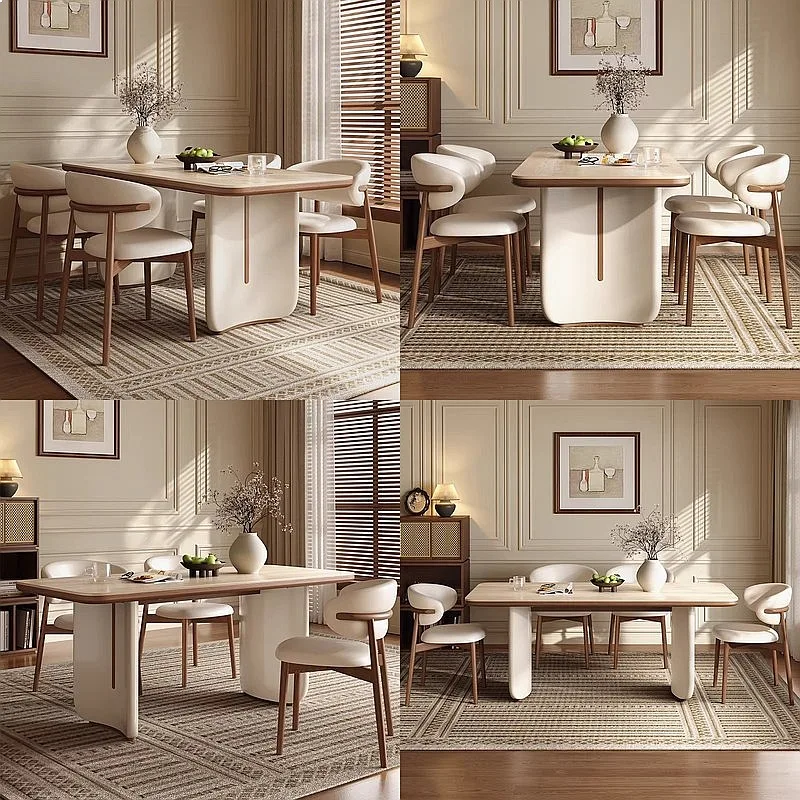 2026 New Cream Travertine Sintered Stone Dining Table, Luxury French Style Small Space Home Dining Set
