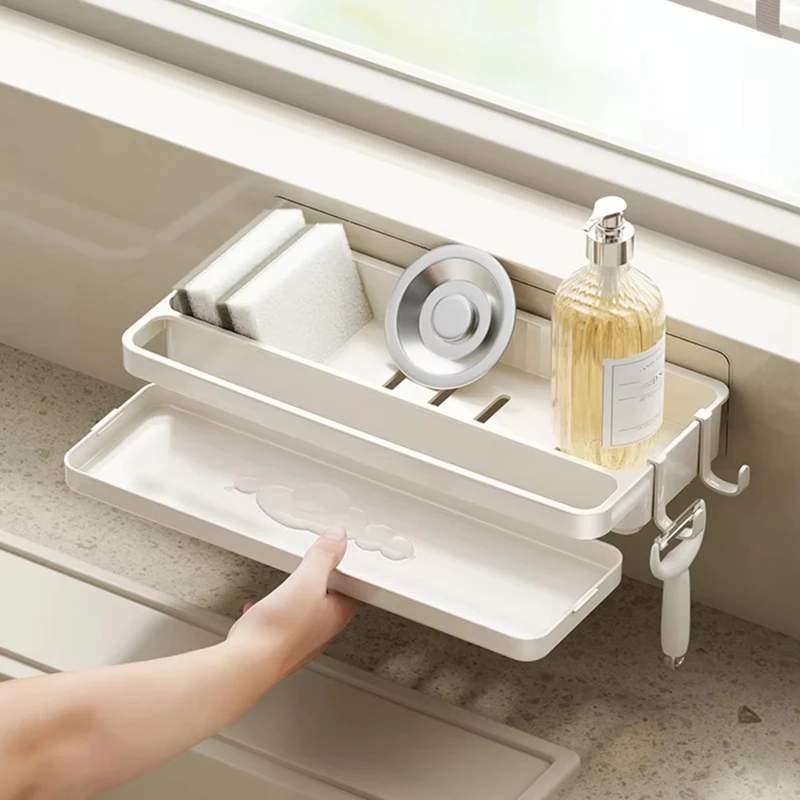 Kunststoff-Spülbecken-Organizer, Küchenspüle-Organizer, erweiterbares, selbstentleerendes Regal für Schwamm, Wasserhahnaufbewahr