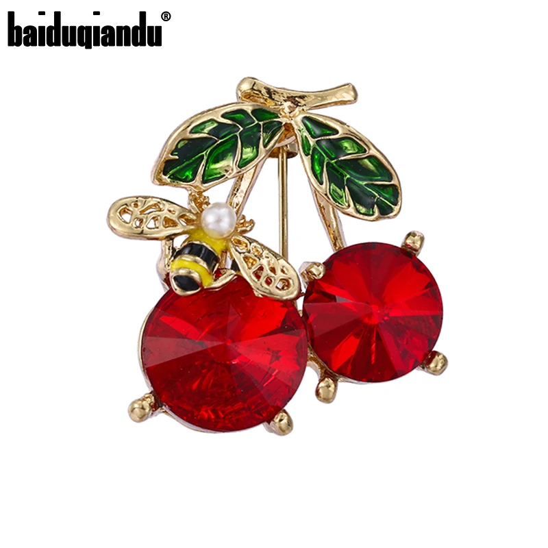 Baiduqiandu Women Cherry Fruit Brooch Pins With Bee Lying On Red Rhinestone Plant Brooches Insect Lapel Pin Safety