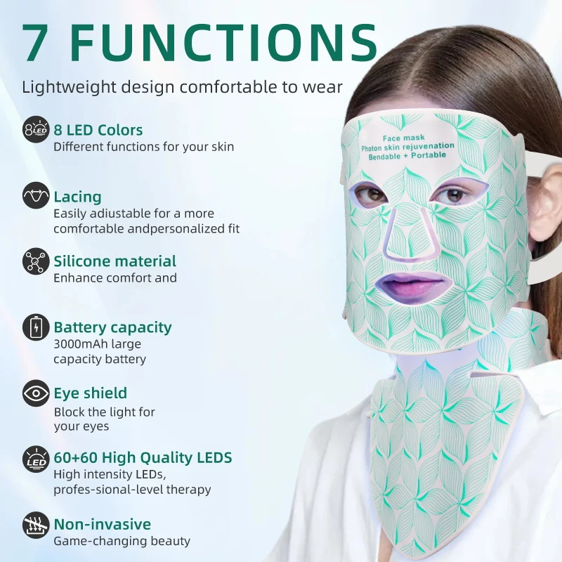 Mascarilla facial LED, terapia de luz infrarroja azul y roja para mascarilla facial, arrugas reducidas, líneas finas, contorno, equipo de belleza