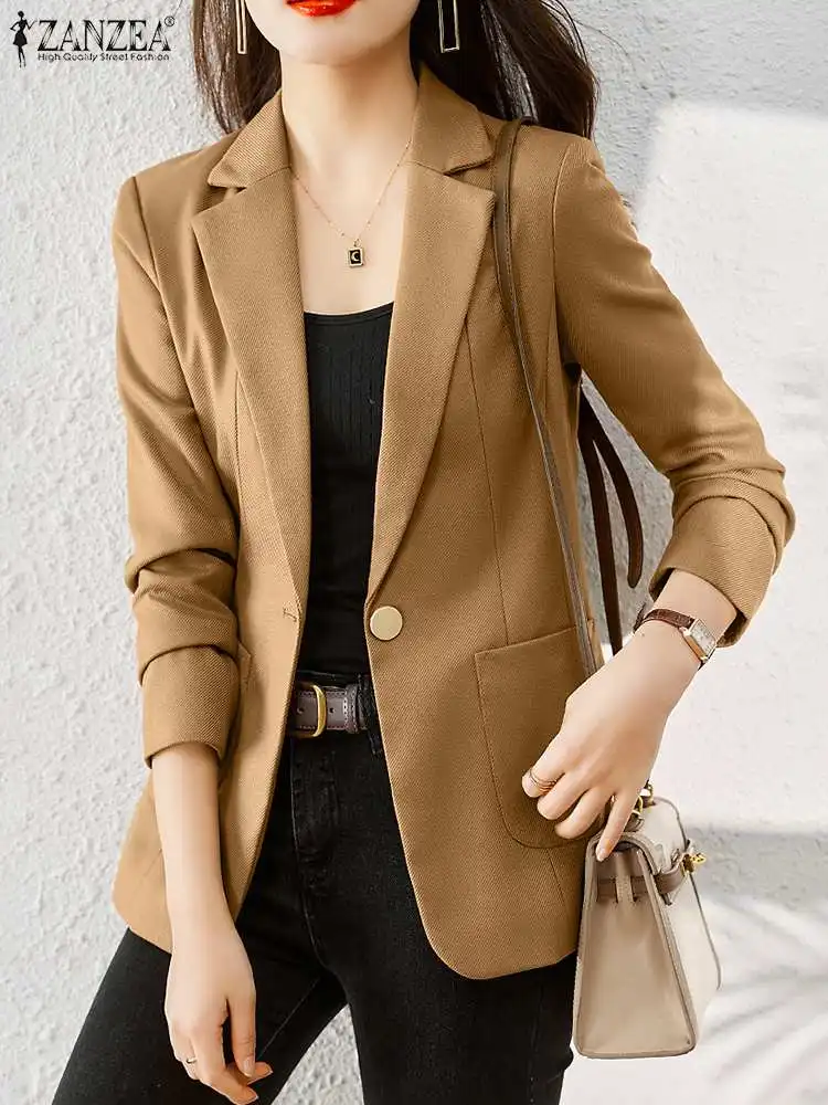 2023 ZANZEA Women Elegant OL Work Blazer Autumn Lapel Neck Long Sleeve Jackets Fashion Solid Suits Coats Female Office Outwear