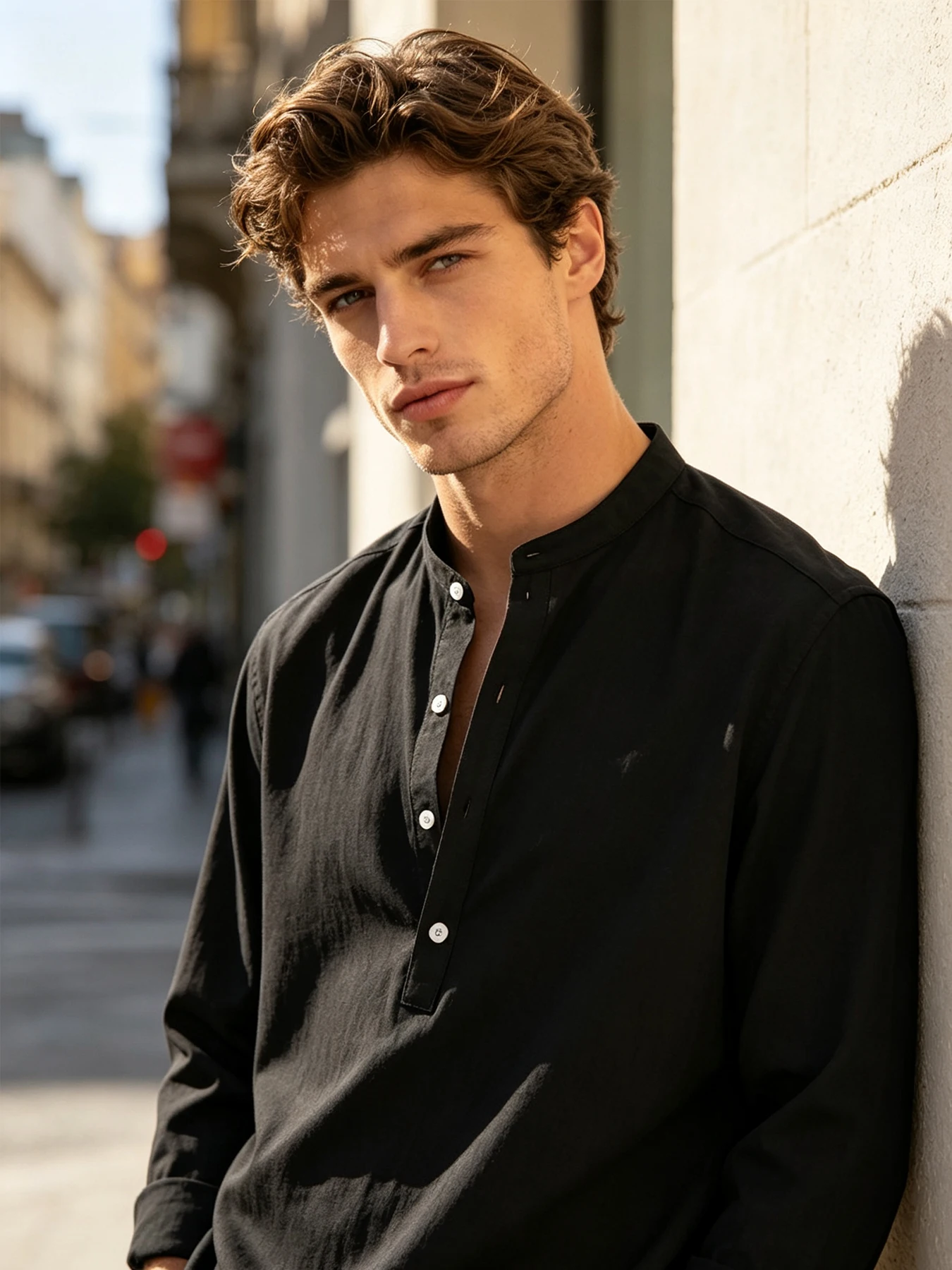 Men's Henley Collar Long Sleeve Shirt, Casual Half‑Button Stand Collar Blouse, Loose Fit Lightweight Daily Wear Top