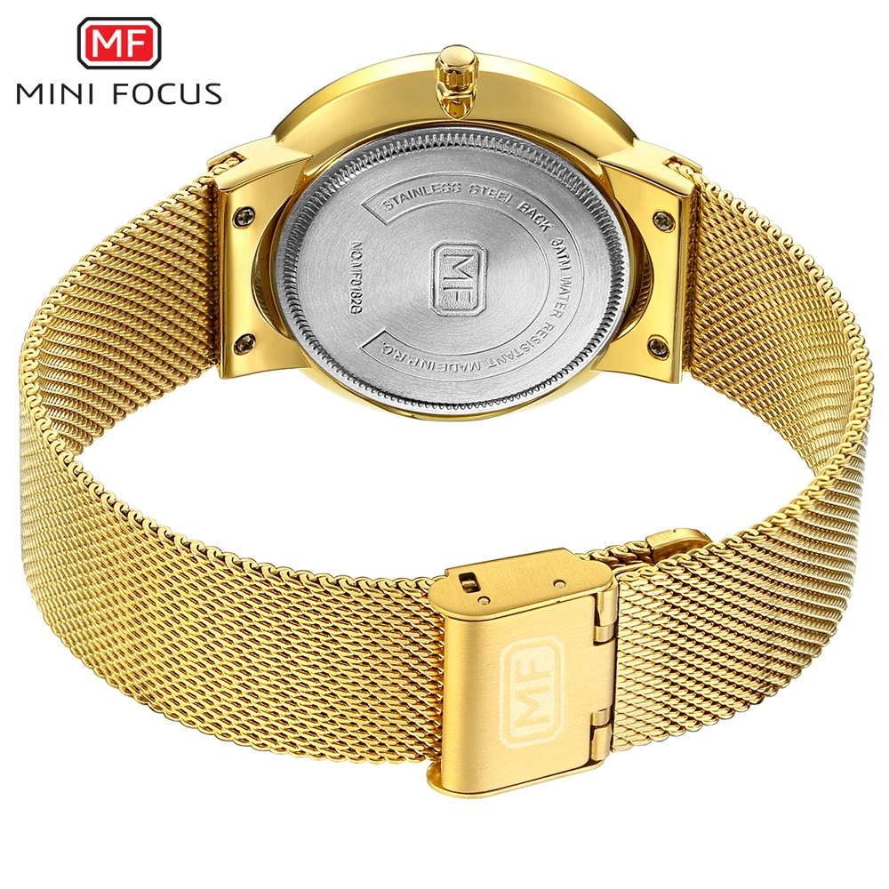 MINI FOCUS MF0182G Простые роскошные мужские кварцевые часы с золотой сеткой из нержавеющей стали, водонепроницаемые наручные часы