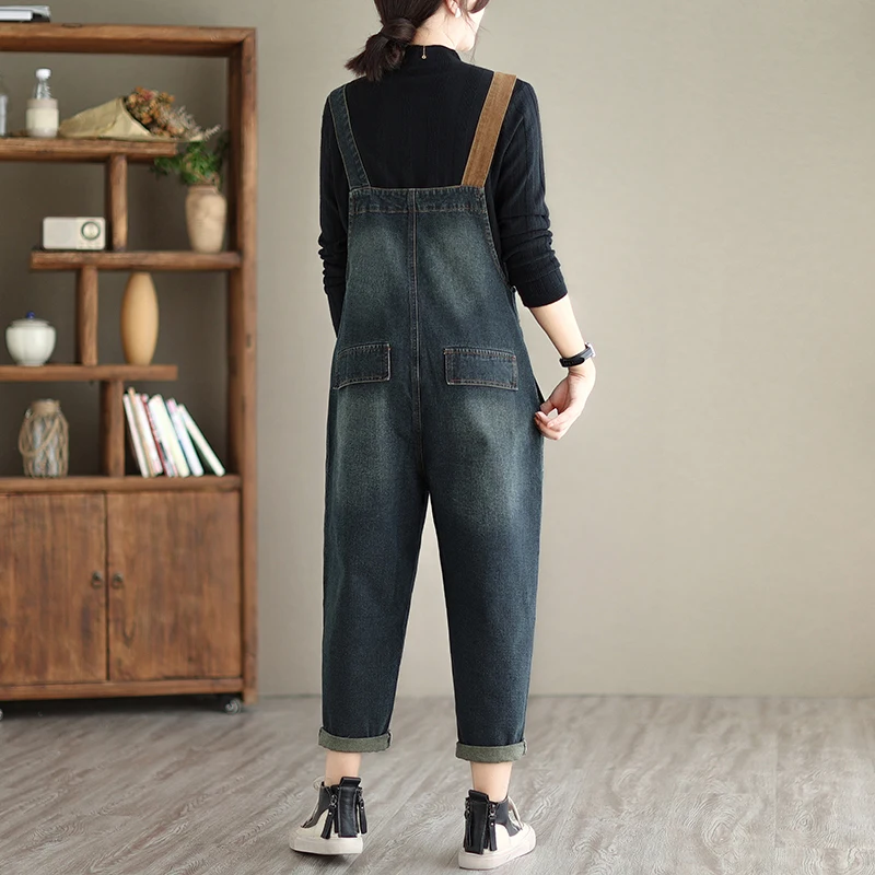 Fashion Streetwear Denim Jumpsuit Women Vintage Loose Patchwork Color Contrast Jeans Overalls Pockets Wide Leg Cargo Baggy Pants