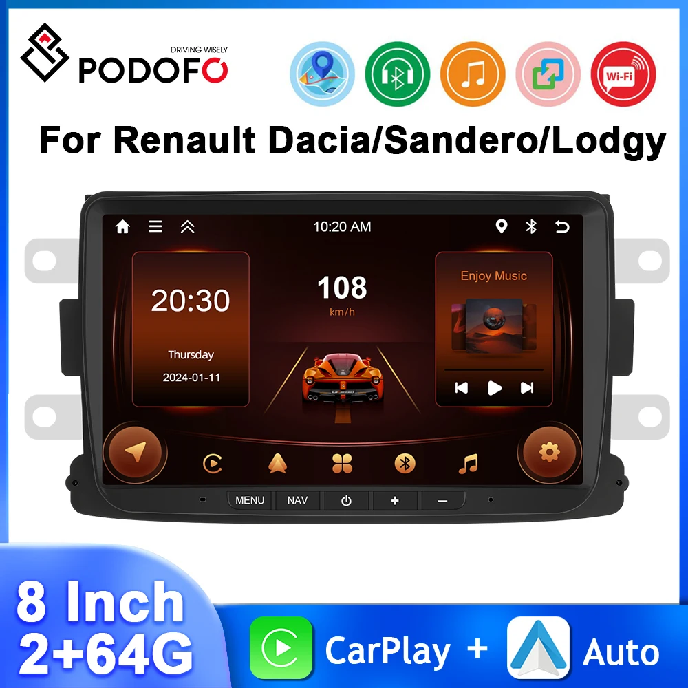 

Podofo 2+64G Car Stereo For Renault Dacia Sandero Captur 8'' Car Player Carplay Android Auto Bluetooth D-Play GPS Navigation