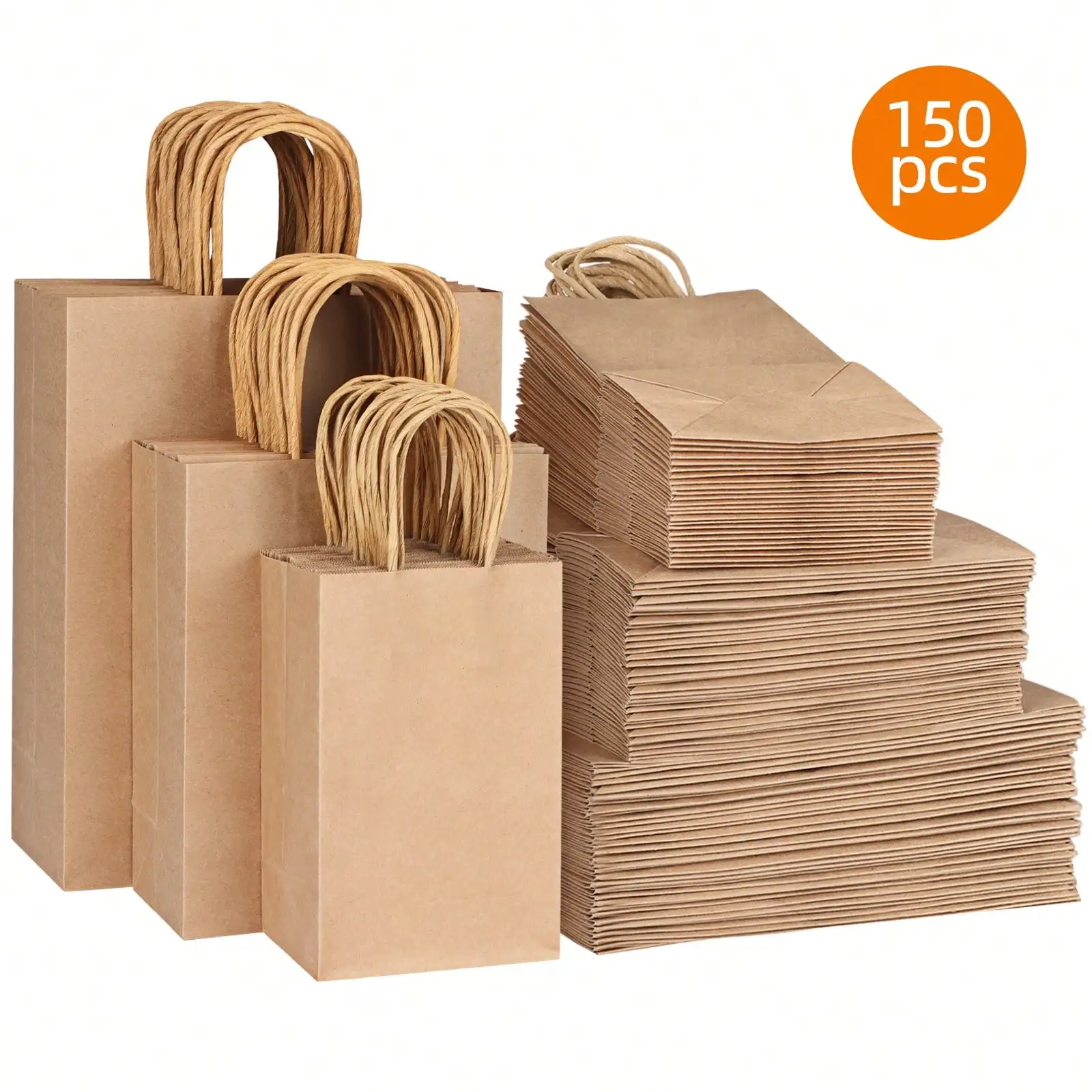 150/120/75pcs Kraft Paper Gift Bags With Handles, Mixed Size Bulk Paper Bags Gift Merchandise Bags Business, Shopping, Retail, Birthday Organisation, White/Brown Mother's Day Gift Bag,Spring Decor